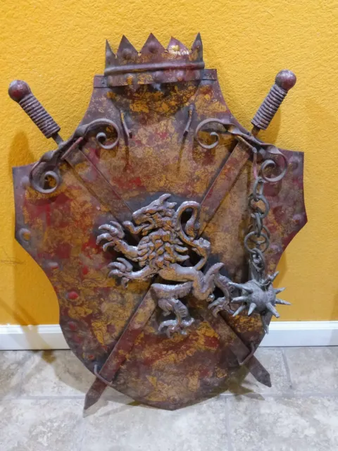 Vintage  Decorative Iron Shield & Swords Set, with Lion Figure