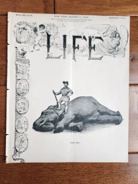 Aug 11, 1904 LIFE Magazine Teddy Roosevelt Poses on Elephant Great Drawings