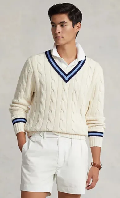 NWT Polo Ralph Lauren Cream with Navy CRICKET Cable Knit Cotton V-Neck Sweater