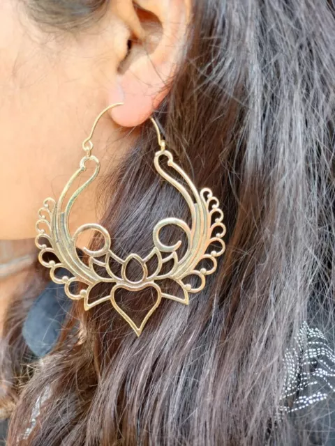 Gold Plated Mandala African Ethnic Tribal Brass Hoop Aztec Large Bird Earrings