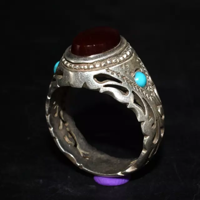 Vintage Old Near Eastern Silver Ring with Hakik Carnelian & Turquoise Bezel