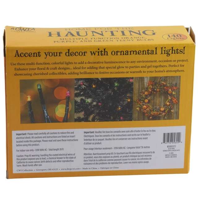 Twinkle Halloween Lights Strand 140 Teeny Green Purple Orange Bulbs Black Cord