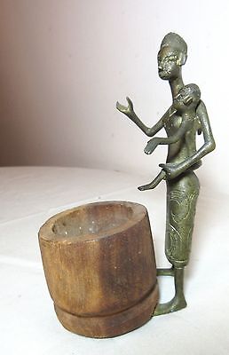 antique figural bronze wood mother baby African statue brush holder jar figure