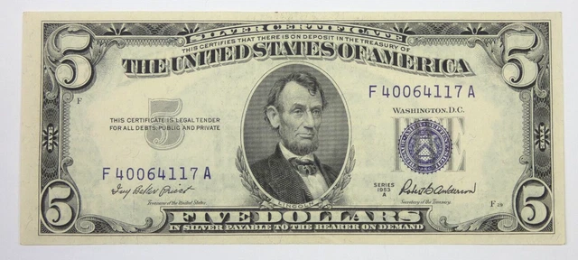 Series 1953-A $5 Blue Seal Silver Cert Note EXTRA FINE Fr#1656 ~ Problem Free