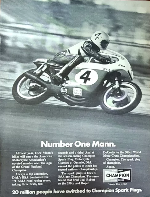 1972 Champion Spark Plug Print Ad Grand National Champion Dick Mann BSA