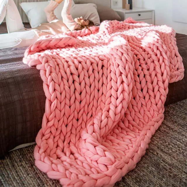 100*120 Warm Chunky Knit Blanket Thick Yarn Merino Handmade Bulky Throw Pink