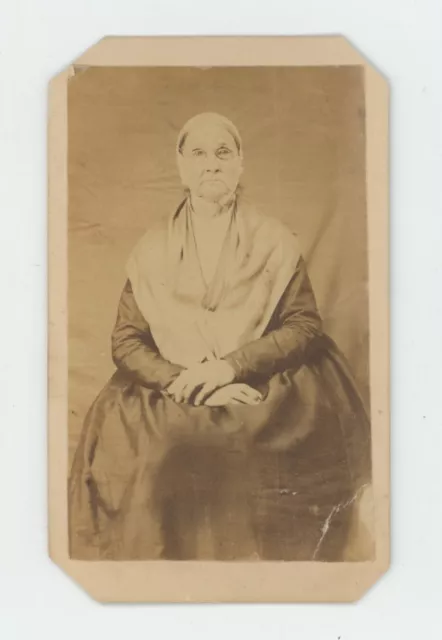 Antique CDV Circa 1870s Lovely Older Woman Wearing Shawl, Bonnet and Glasses