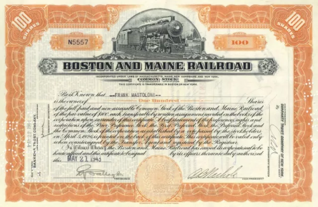 Boston and Maine Railroad Co. - 1930's-50's dated Railway Stock Certificate - Th