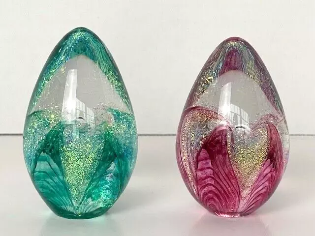 Glass Eye Studio Aqua & Cranberry Passion Flower Handmade Egg Paperweights '96