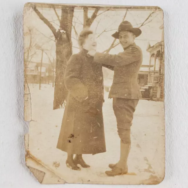 Winter Soldier Mother Laughing Photo c1910 Vintage Antique Snapshot Man A1284