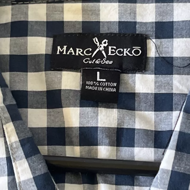 Mark Ecko Mens Shirt : Button Up Size L Blue White Check Short Sleeve Collar