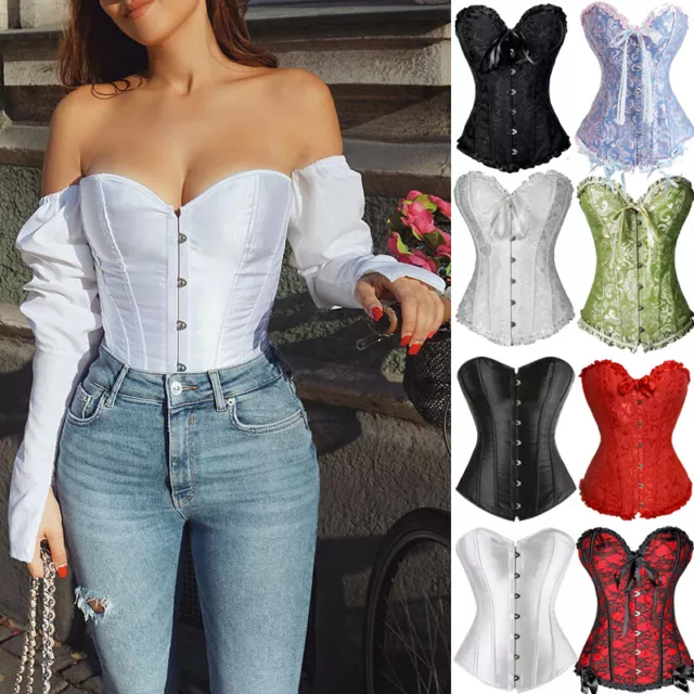 Lady Satin Overbust Boned Corset Women Bustier Basque Lace Up Lingerie Plus Size