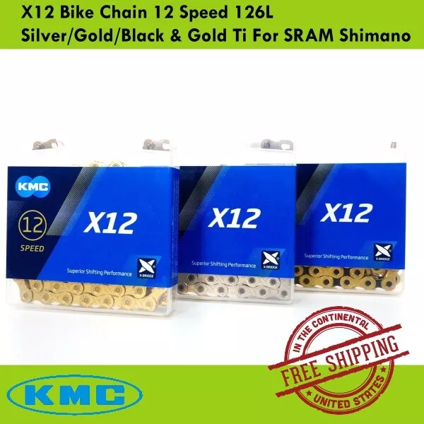 KMC X12 Bike Chain 12 Speed 126L Silver/Gold/Black & Gold Ti For SRAM Shimano