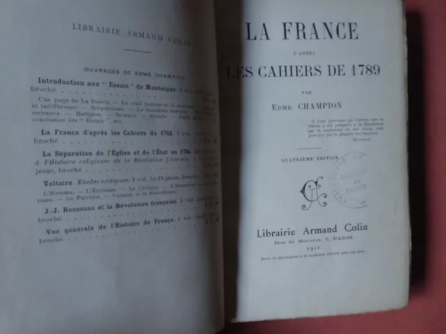 Edme Champion. La France  d'après les Cahiers de 1789. Colin, 1911, relié.