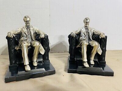 Pair Set Of Lincoln In The Chair Mid Century Bronze Book End Heavy Cool Gift SEE