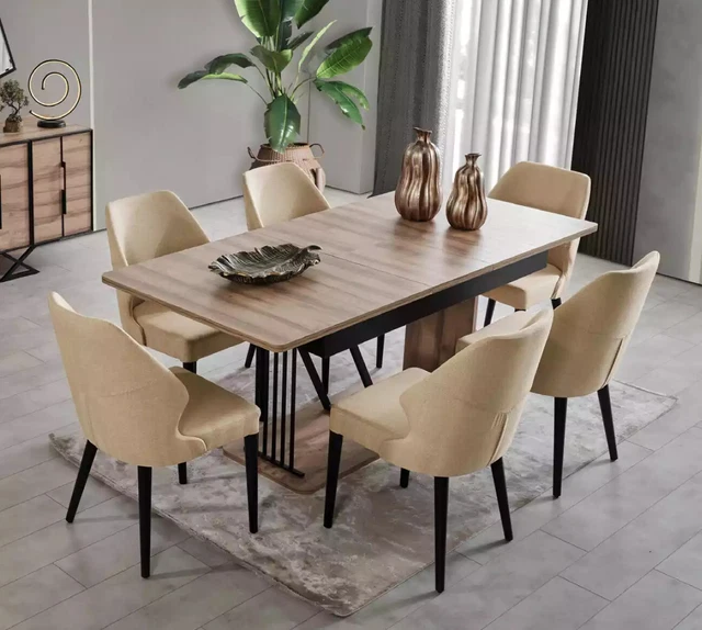 Juego de comedor mesa de comedor beiger lujo reclinable muebles de cocina madera 7 piezas
