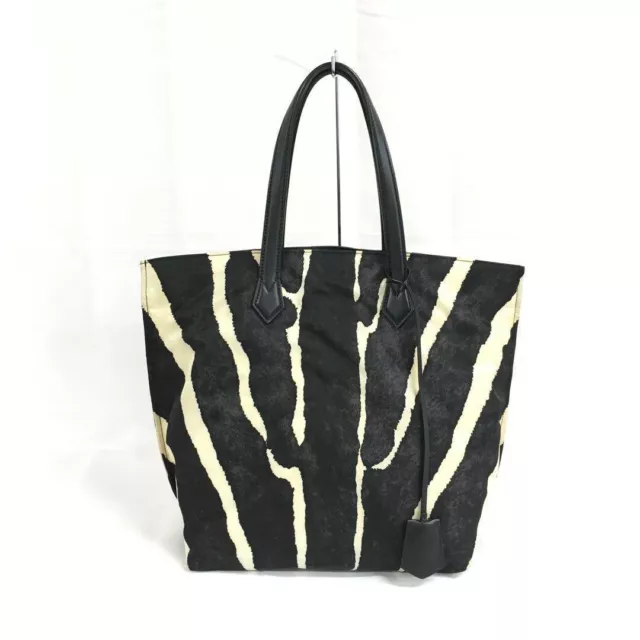 Fendi Women's Tote Bag Canvas Leather Animal Pattern Zebra Black White Crochet