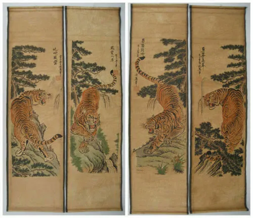 Chinese painting scroll Tiger Jiang Tingxi 4 tigers Antique paintingses