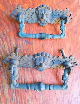 Two Antique Fancy Victorian Griffin or Lion Brass Cabinet Drawer Pulls c1885