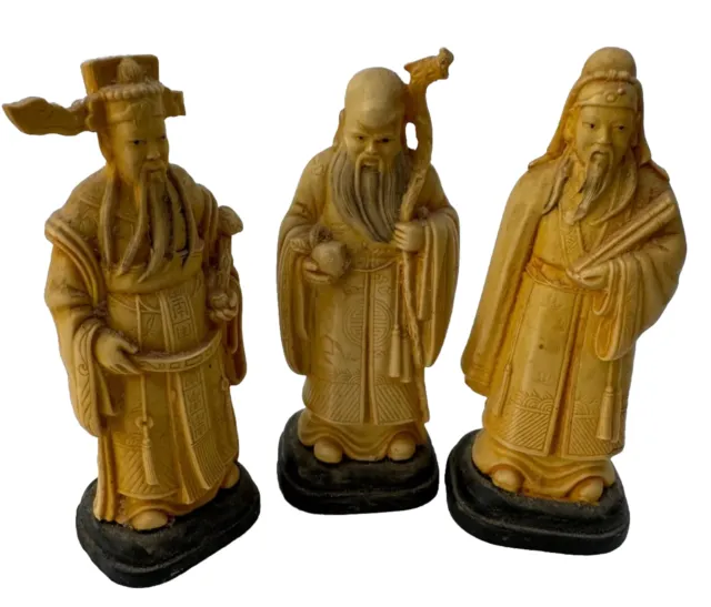 Set of Three Vintage Chinese Wise Men Figurines - 4 Inches High - Hand Carved