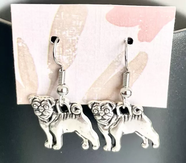 Pug Dog Earrings. Silver Tone French Hook Hypoallergenic. B05