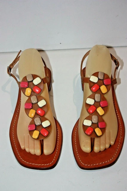 Sandales Cuir Heyraud Noires, Motifs Colorés, Taille 36, Vintage - Occasion