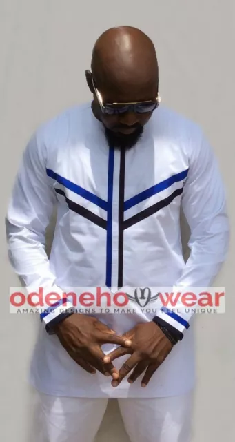 Odeneho Wear Men's White Polished Cotton Top/Bottom With Design. African Wear