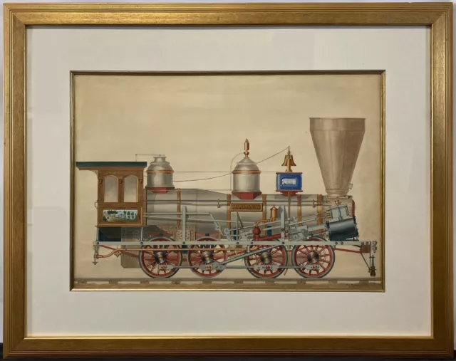 EXCEPTIONAL c. 1855 Manatawny American Steam Engine Locomotive Watercolor Train