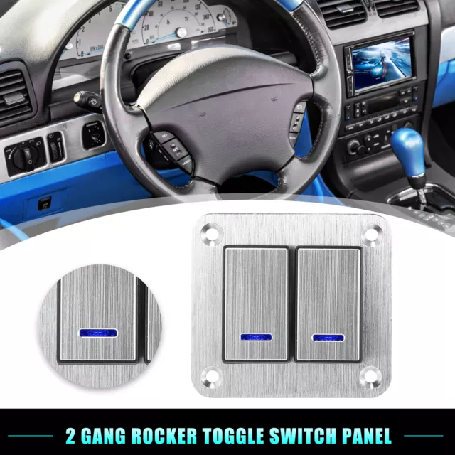 2 Gang Rocker Toggle Switch Panel Waterproof DC 12V 24V Blue LED Silver Tone