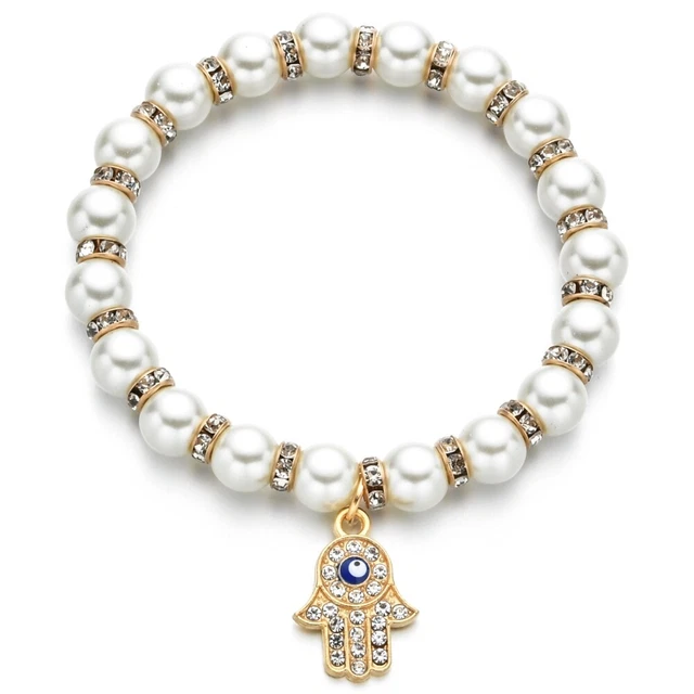 Arrmband mit Charms Anhänger Perlenarmband Gold Hand der Fatima Strass Geschenk