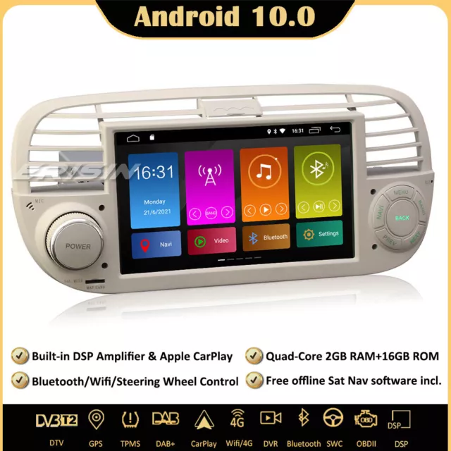 DAB+Android 10 Autoradio GPS CarPlay DVR TNT OBD2 RDS FM Bluetooth for Fiat 500