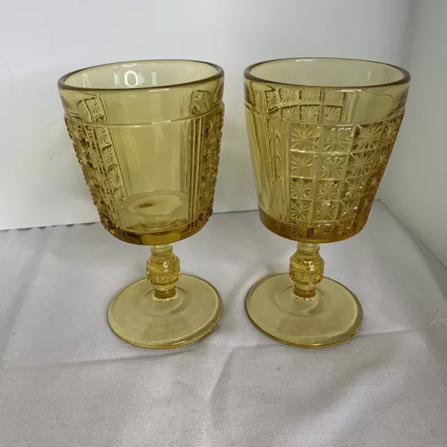 2-Two Panel Wine Goblets Amber Early American Pattern Glass King & Sons 6” tall