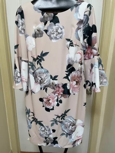 Calvin Klein Sheath Dress 12 Beige Floral Bell Sleeve