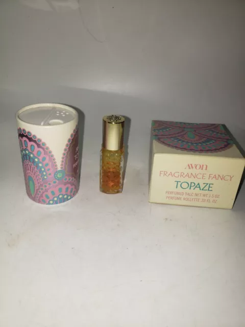 Vintage NOS Avon TOPAZE Fragrance Fancy Set .33 oz. Perfume Rollette 1.5 oz talc