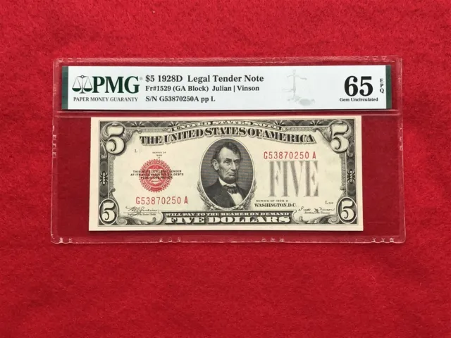 FR-1529 *KEY* 1928 D Series $5 Red Seal US Legal Tender Note *PMG 65 EPQ GEM UNC