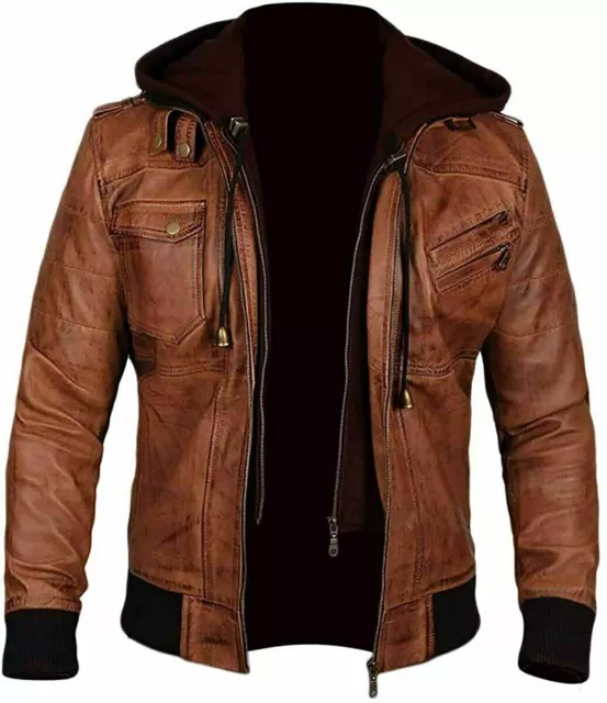Giacca in pelle agnello marrone Bomber con cappuccio vintage biker da uomo cafe racer