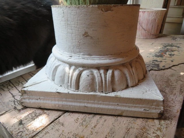 OMG Large Old Architectural CAPITAL Column Top WOOD Chippy WHITE Riser Planter
