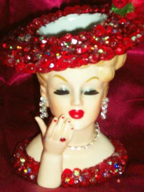 Gorgeous Large NAPCO RED ROSE JEWELED LADY HEAD VASE Crystal Doll Headvase