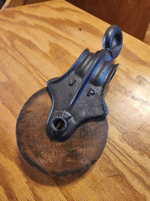 Antique J P Cast Iron Wood Wheel Barn Pulley Block Tackle Vintage Farm Porter