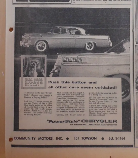 1955 newspaper ad for 1956 Chrysler - Push this button, all other cars outdated