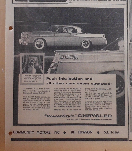 1955 newspaper ad for 1956 Chrysler - Push this button, all other cars outdated