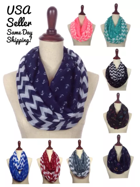 New Women's & Girl's Anchor Chevron Nautical Infinity Scarf Spring LightWeight