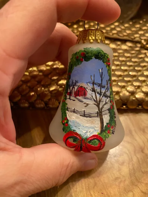Vintage Hand Painted Christmas Bell Ornament Signed Wreath farm Scene 3"