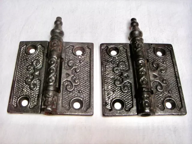 (2) Eastlake Victorian Cast Iron Door Hinges 2 1/2" X 2 1/2" Steeple Top-no pins