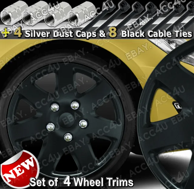14" Matt Black 7 Spoke Set of 4 Car Wheel Trim Hub Cover 4 Dust Caps 8 Cable Tie