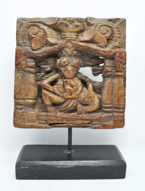 IN Legno Dio Ganesha Idol Statuina Targa Originale Antico Fine Intagliata a Mano