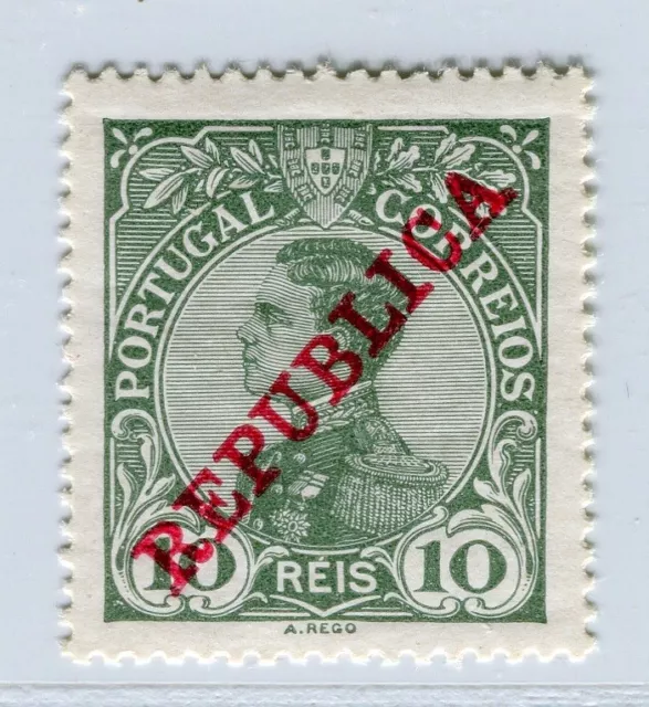 PORTUGAL;  1910 early Manoel REPUBLICA Optd. issue Mint hinged 10r. value