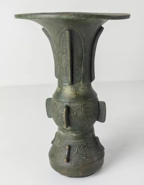 Antique Chinese Miniature Bronze Gu Vase Taotie Chilong Dragon Ming/Yuan