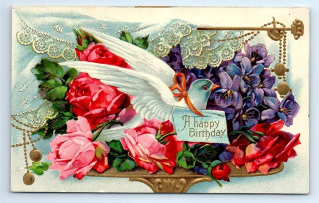 Happy Birthday Dove Roses Violet Gold Gilt Germany Embossed Postcard c.1910