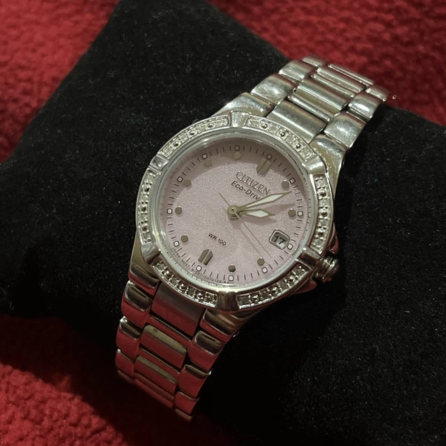CITIZEN ECO DRIVE Ladies Watch WR 10 Pink Face St Steel Excellent Solar